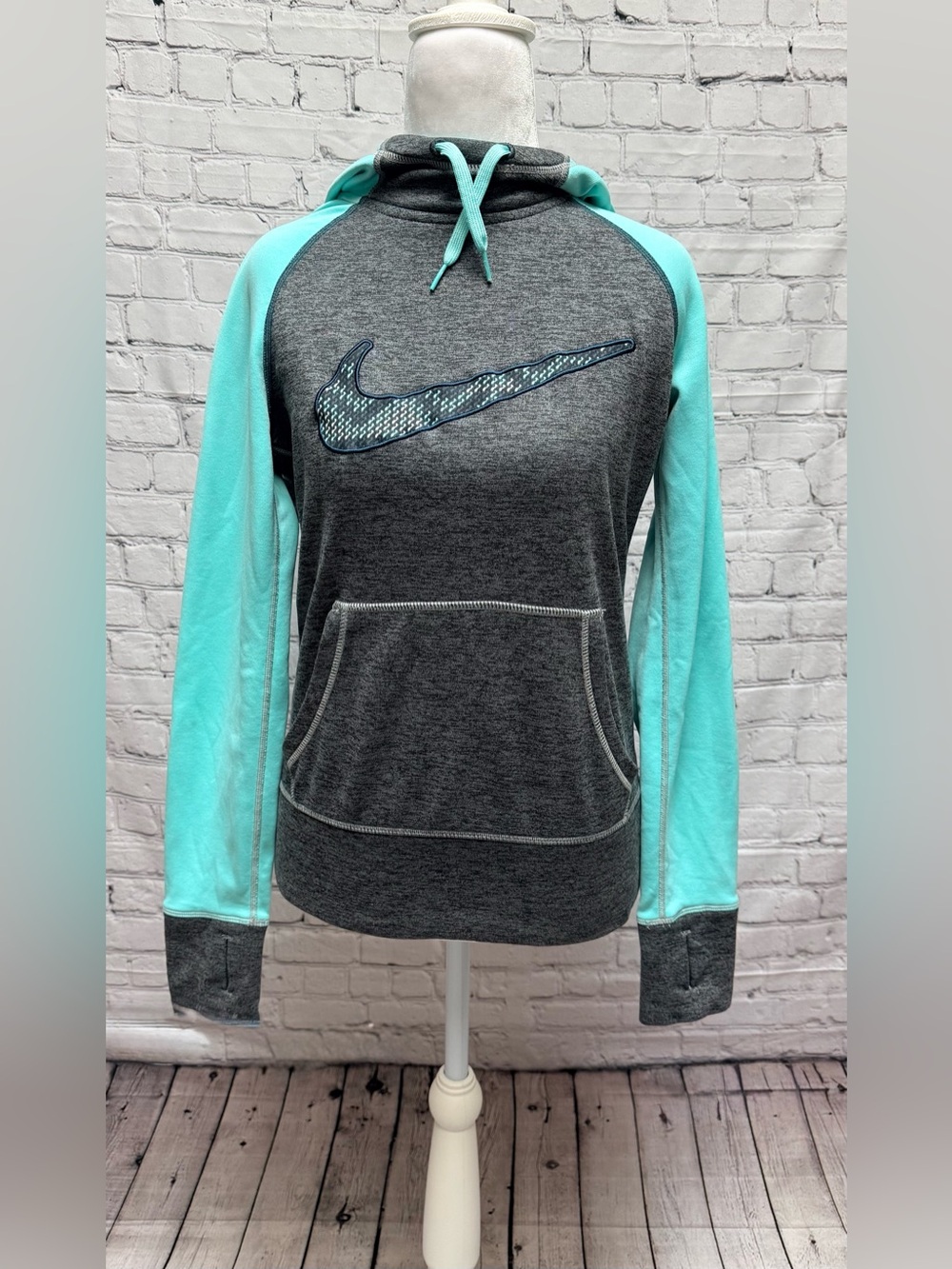 Nike Gray Pullover Hoodie with Teal Raglan Sleeves